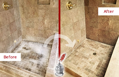 Sir Grout Cleans this Mill Creek Travertine Shower to Eliminate Water Spots Before and After Picture of a Mill Creek Travertine Shower Cleaned to Eliminate Water Spots