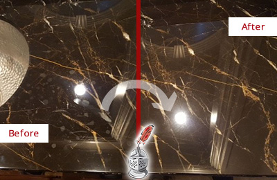 Sir Grout Cleans this Mill Creek Marble Countertop to Remove Water Spots Before and After Picture of a Mill Creek Marble Countertop Cleaned to Remove Water Spots