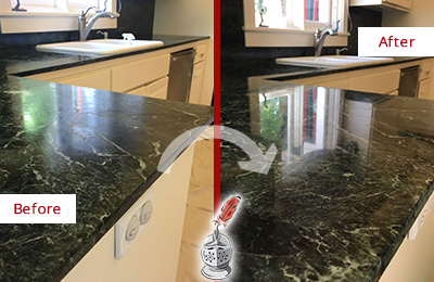 Sir Grout Seals the Stone of this Monroe Granite Kitchen Countertop For Extra Protection Before and After Picture of a Monroe Granite Kitchen Countertop Stone Sealed For Extra Protection