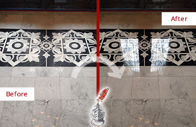 Sir Grout Seals the Stone of this Monroe Marble Floor to Recover Its Sheen Before and After Picture of a Monroe Marble Stone Sealed to Recover Its Sheen