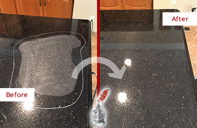 Before and After Picture of a Redmond Granite Kitchen Countertop Honed to Eliminate Scratch