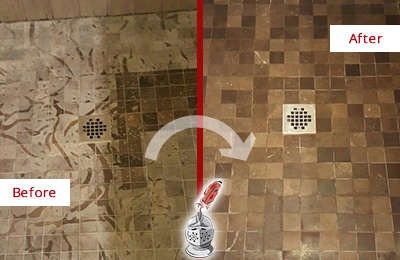 Before and After Picture of a Mercer Island Marble Shower Honed to Remove Etching