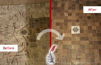 Sir Grout Hones this Kenmore Marble Shower to Remove Etching Before and After Picture of a Kenmore Marble Shower Honed to Remove Etching