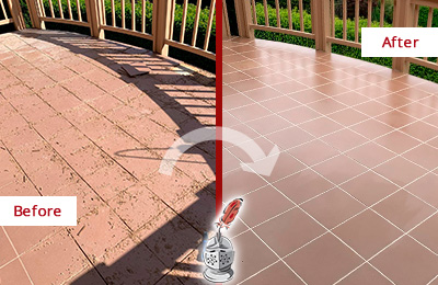 Before and After Picture of a Lynnwood Hard Surface Restoration Service on a Tiled Deck