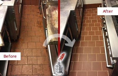Before and After Picture of a Mercer Island Hard Surface Restoration Service on a Restaurant Kitchen Floor to Eliminate Soil and Grease Build-Up