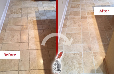 Sir Grout Cleans this Mill Creek Kitchen Floor's Grout to Recover Its Color Before and After Picture of Mill Creek Kitchen Floor Grout Cleaned to Recover Its Color