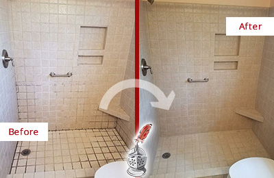 Before and After Picture of a Lynnwood Shower Grout Cleaned to Remove Mold