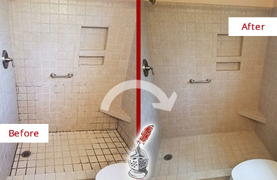 Sir Grout Cleans the Grout on this Mill Creek Moldy Shower Before and After Picture of a Mill Creek Shower Grout Cleaned to Remove Mold