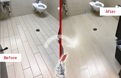 Before and After Picture of a Monroe Office Restroom's Grout Cleaned to Remove Dirt