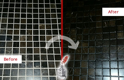 Sir Grout Recolored the Grout of this Kirkland Black Tile Floor Before and After Picture of a Kirkland Black Floor with Recolored Grout