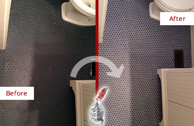 Sir Grout Recolors the Grout on this Kirkland Blue Tile Floor Before and After Picture of a Kirkland Blue Tile Floor Recolored Grout