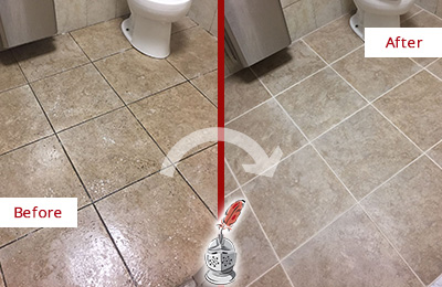Before and After Picture of a Mill Creek Office Restroom Floor Recolored Grout