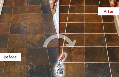 Sir Grout Recolors the Grout of this Kirkland Slate Floor Before and After Picture of a Kirkland Slate Floor Recolored Grout