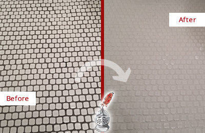 Sir Grout Recolors the Grout of this Kirkland White Mosaic Tile Before and After Picture of a Kirkland White Mosaic Tile Recolored Grout