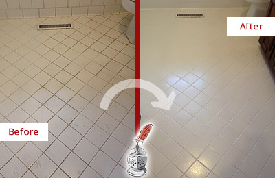 Sir Grout Seals the Grout of this Mukilteo White Bathroom Floor for Extra Protection Before and After Picture of a Mukilteo White Bathroom Floor Grout Sealed for Extra Protection
