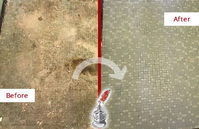 Before and After Picture of a Mountlake Terrace Mosaic Shower Cleaned to Eliminate Embedded Dirt